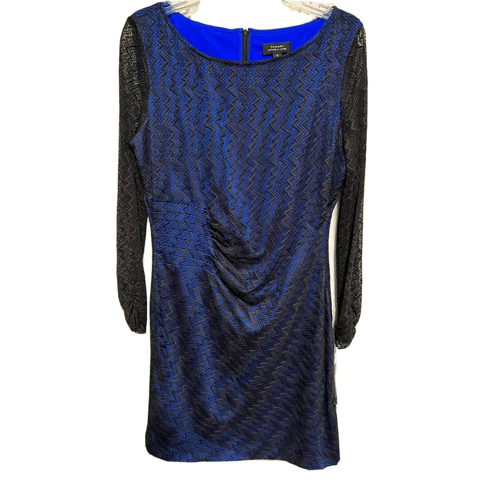 NWT TAHARI Sz 12 BLACK & BLUE LACE SHEATH DRESS Knee Length Long Sleeve